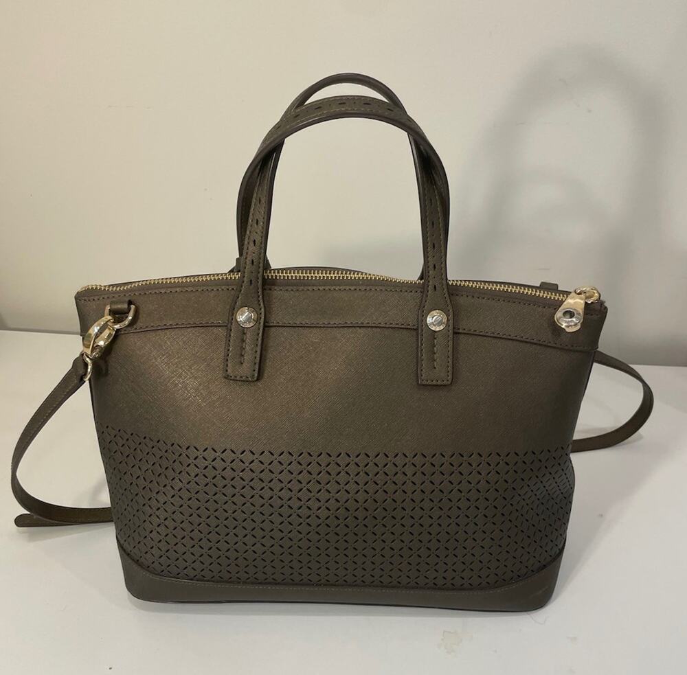 Henri Bendel WEST 57TH Large Brown Perforated Satchel Purse Gold Accents NWOT